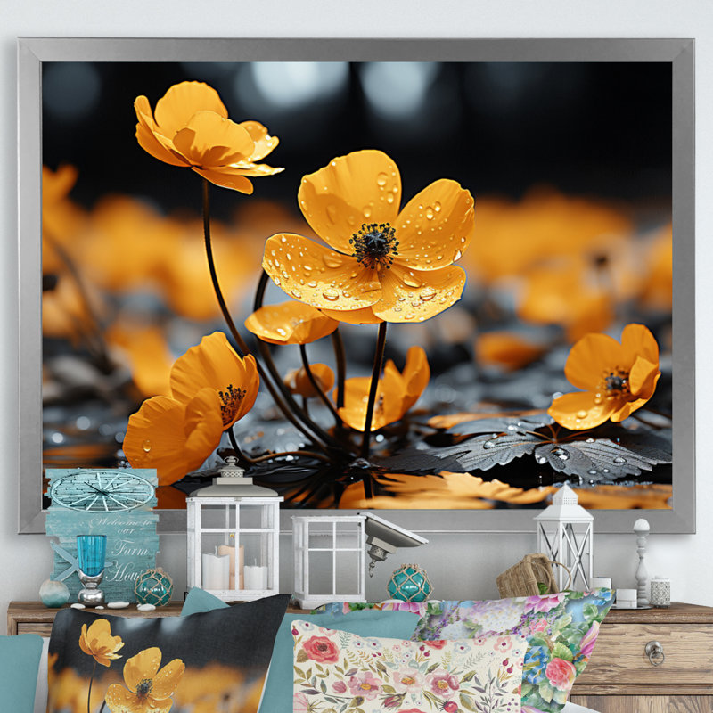 Yellow Grey Golden Buttercups Black And White III - Floral Canvas Art Print, H 24 po x l 32 po x P 1 po, Argent