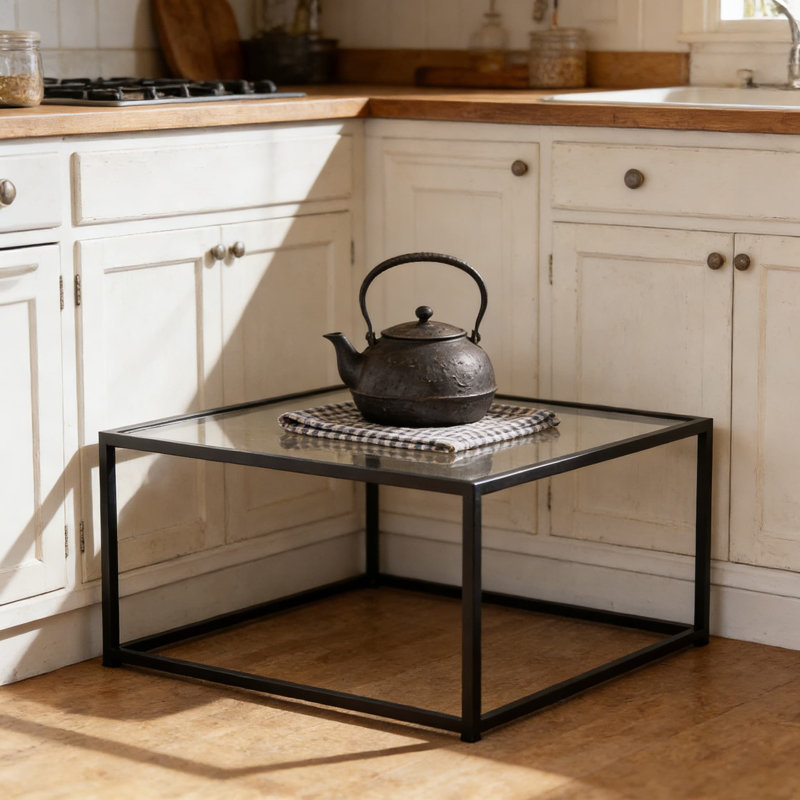 Table basse moderne carrée en verre avec structure en métal, table de salon minimaliste pour petits espaces, assemblage facile, plateau en verre trempé