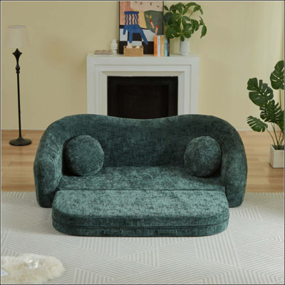 Curved Convertible Sofa Recliner, 2-in-1 Frameless Folding Sofa Bed with Pull-Out Base and Deep Seat Design, Chenille Two-Seater Reclining Sofa, No Assembly Required
