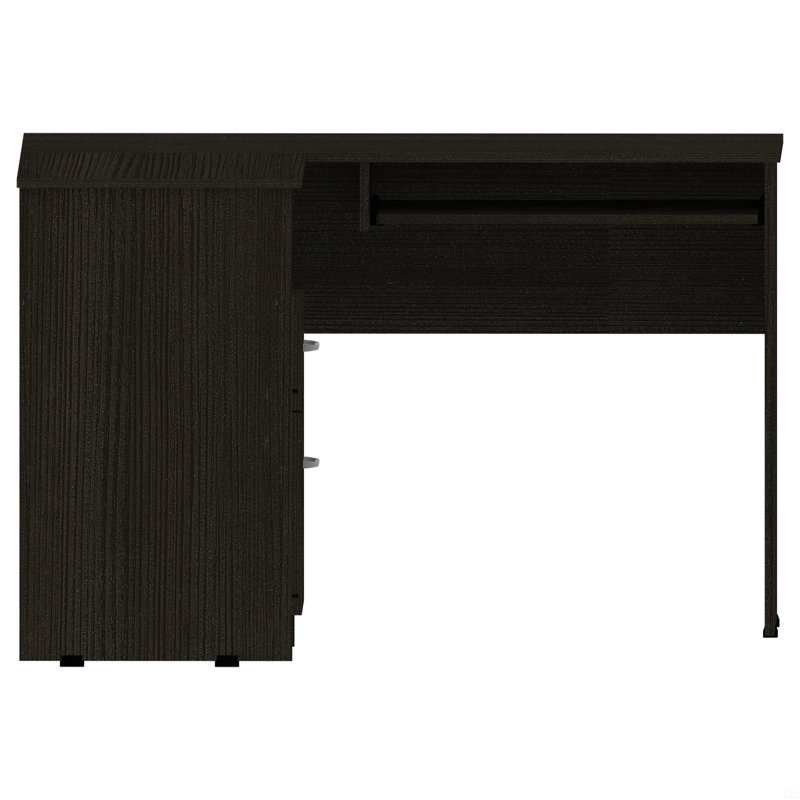 Bureau mixte en forme de L, plateau à clavier, deux tiroirs, tablette ouverte simple, Noir