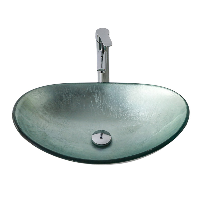 Vasque de salle de bain en verre trempé argenté avec bonde chromé à clapet - Forme de bateau, à poser