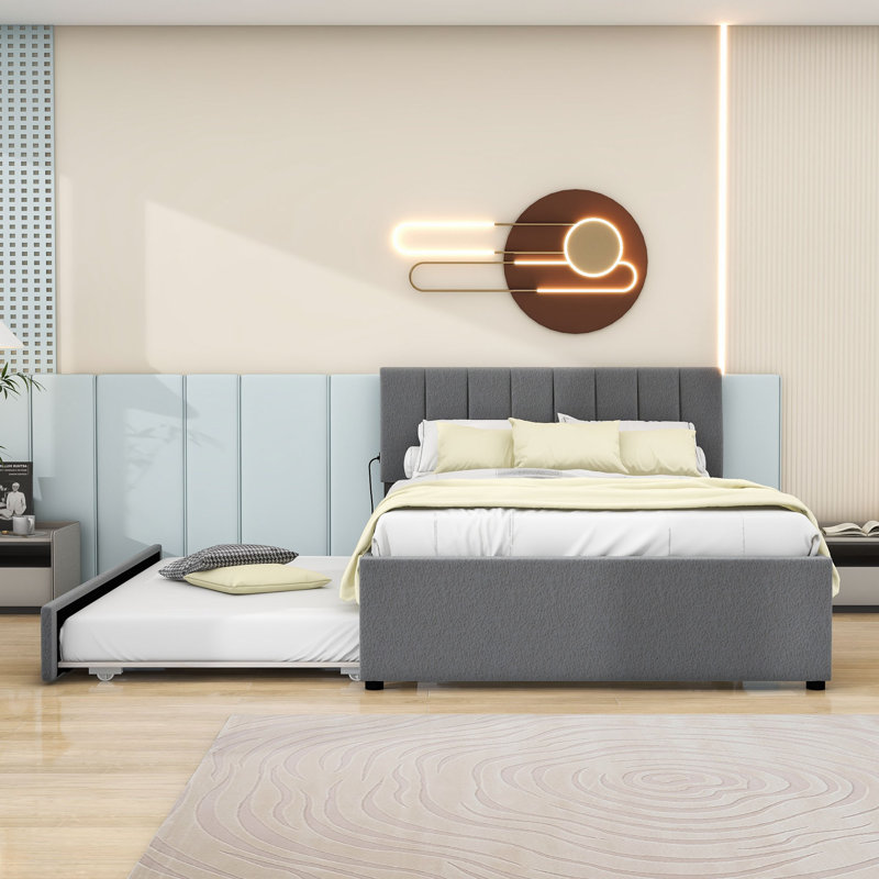 Lit plateforme tapissier en bois avec lit gigogne et tête de lit, Complète, gris