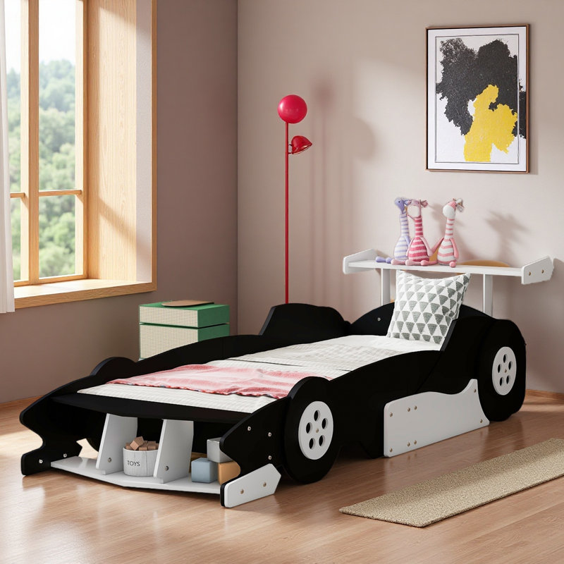 Lit de voiture de course avec garde-corps pour enfants, Lit simple, Noir