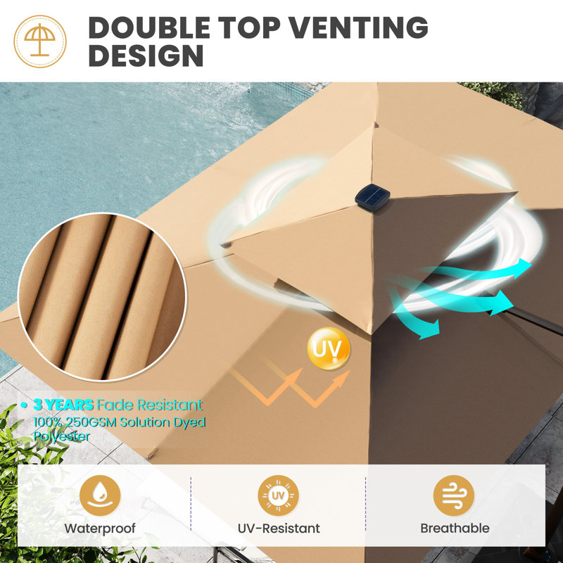Parasol de patio rectangulaire en porte-à-faux 9 x 11 pi avec lumières DEL solaires, base lestée non incluse, Tanné