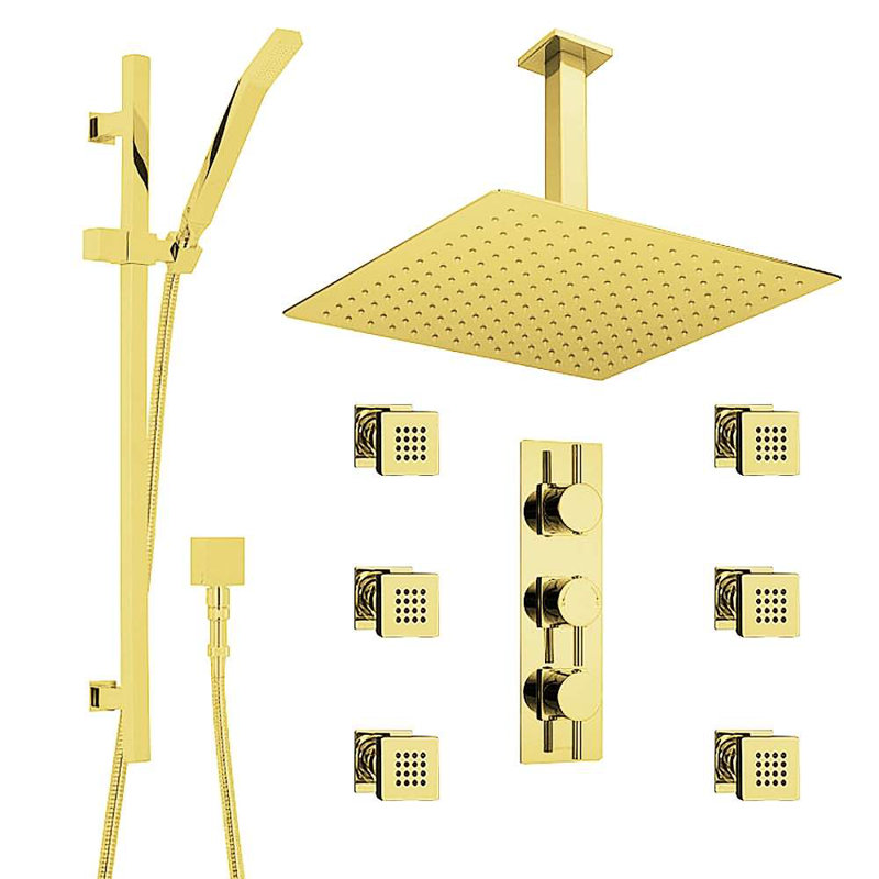 Thermostatic Rainfall Shower System with LED and Body Jets, Shiny Gold