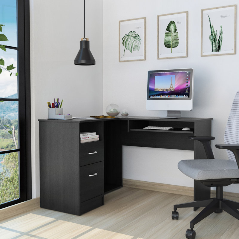 Bureau en L Bradford, tablette à clavier, finition wengé noir, Noir