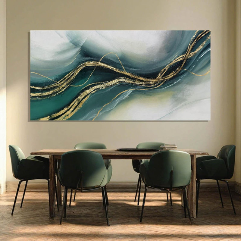 Gold Home Decor, Canvas Wall Art, Green Large Abstract Art For Living Room, Office, Bedroom & Dining Room, 24" X 48"