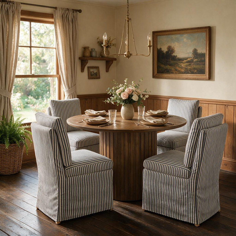 Ensemble de salle à manger authentique de style campagnard - Table ronde en pin recyclé de 47 po avec trou de ver et marque de clou - Chaises rembourrées avec housses lavables amovibles - Cuisine ou salle à manger rustique