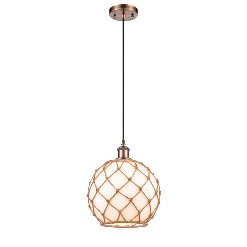 Luminaire suspendu en forme de globe à 1 lumière avec accents en corde Tobey, Blanc / Brun, H 13 po x l 10 po x P 10 po