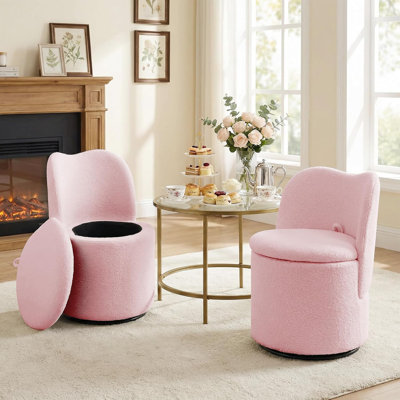 Fauteuil de coiffeuse pivotant en velours avec rangement caché, fauteuil d'appoint rembourré en Sherpa avec dossier, tabouret de maquillage rond et rembourré, fauteuil pivotant à 360 ° pour la chambre à coucher, le salon, le rose