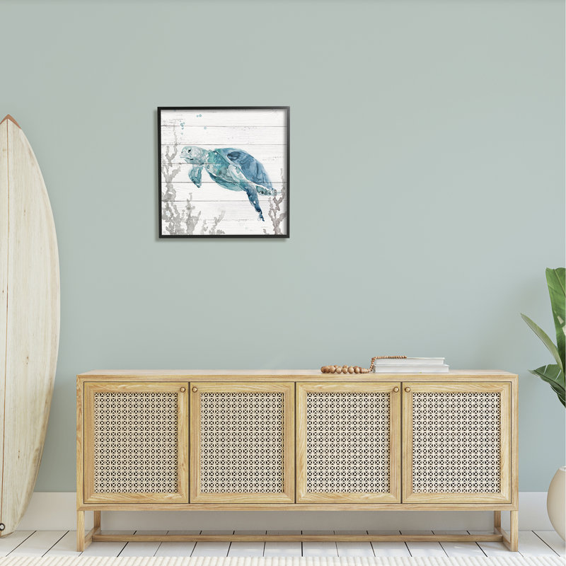 " Swimming Sea Turtle Coral Beach Plank Design " by Carol Robinson, 24" H x 24" W x 1.5" D, Midnight Black Framed Giclee