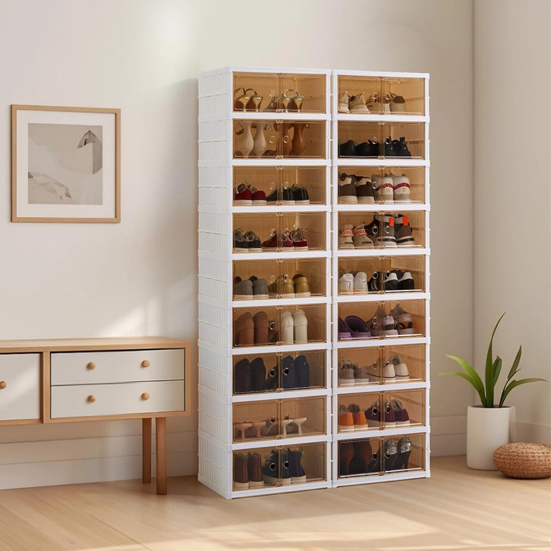 Range-chaussures pliable, armoire à chaussures pliable en plastique avec porte, rangement pour chaussures 2 x 9 étages facile à assembler pour le vestibule, 18 paires