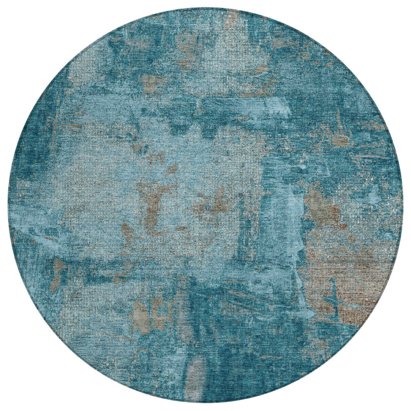 Teal Abstract Round Synthetic Washable Rug, 8'