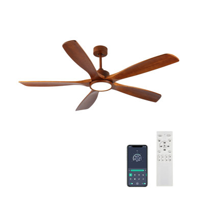 Ventilateurs de plafond en bois de 60 pouces avec lumières et télécommande, 5 pales en bois massif, ventilateur de plafond moderne à profil bas avec lumière, moteur à courant continu réversible à 6 vitesses, pour chambre / extérieur / maison de campagne / patio