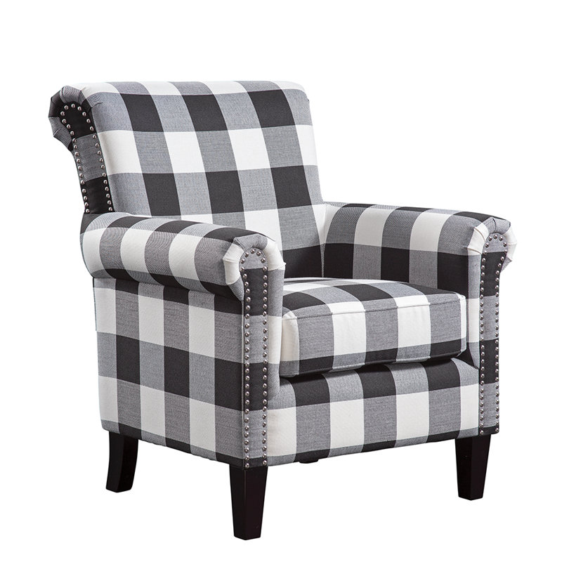 Cavedon Upholstered Accent Armchair with Silver Nail Trim, Black and White Check