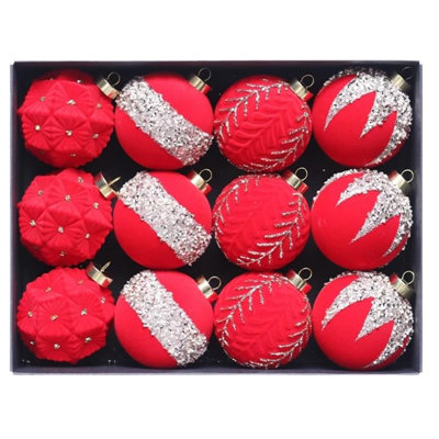 12-Piece 3.15" Velvet Christmas Ornaments Set, Multi-Color Flocked Shatterproof Balls with Painted Finish, for Christmas Tree Décor