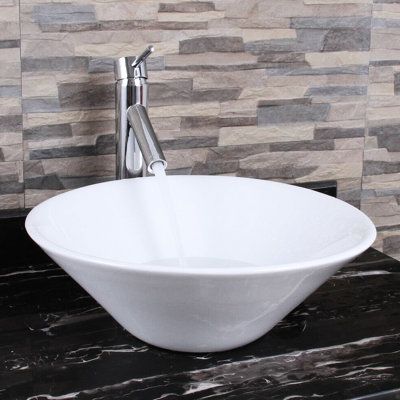 White Round Above Counter Ceramic Bathroom Art Sink, Solid Construction, Low Dirt Accumulation, 17.09 In Width Stylish Look, Easy To Wipe Down, Depth