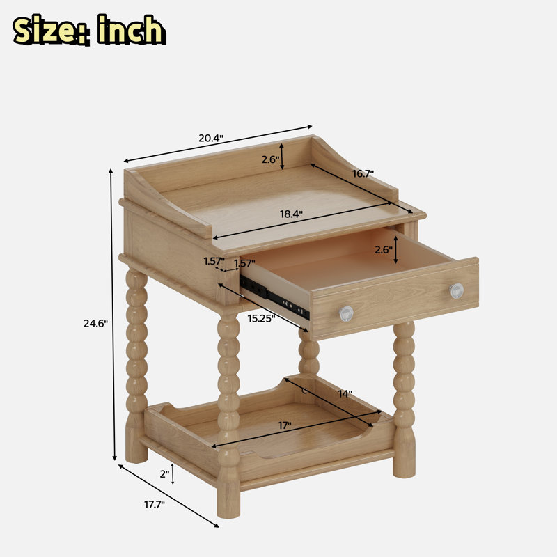Retro Style Nightstand With 1 Drawer, An Open Shelf, Turned Legs And Metal Handles
