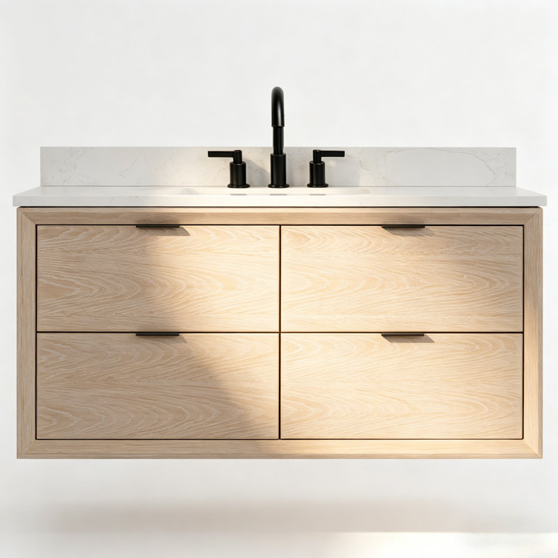 48" Transitional Floating Natural Oak Bath Vanity with 1" Engineered Marble Top, White Washed Oak
