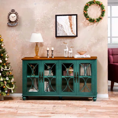 Elegant European Antique Style 4-Door Cabinet With Tempered Glass Doors