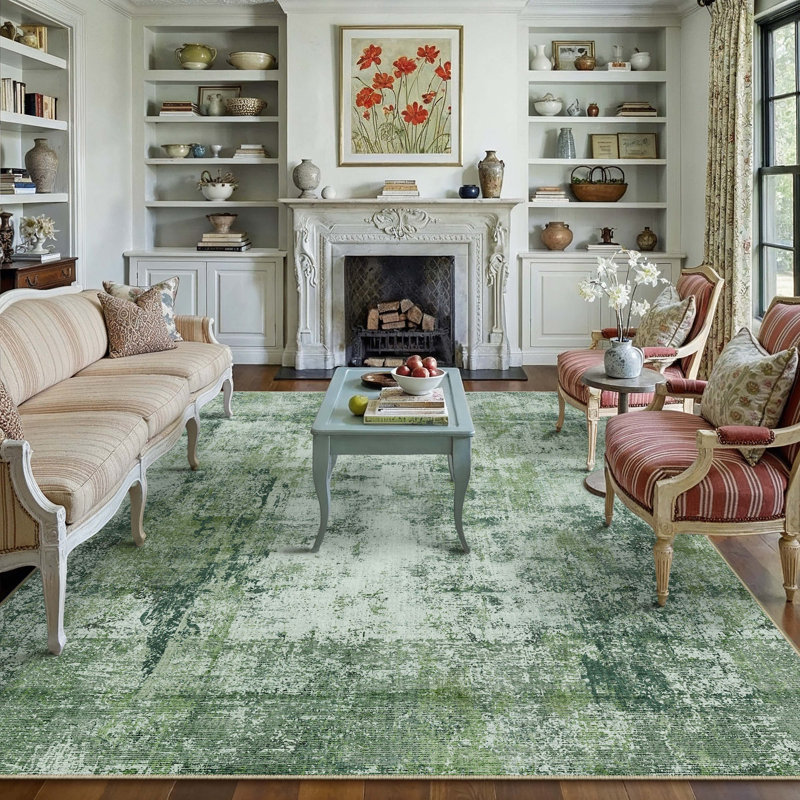 Tapis moderne lavable abstrait vert foncé, Rectangulaire 8 pi x 10 pi, Vert foncé
