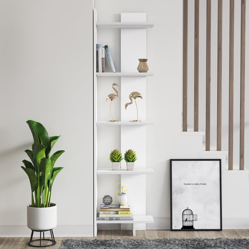 Deddrick Corner Bookcase, White, (5 Shelves) 67" H x 18" W x 9" D