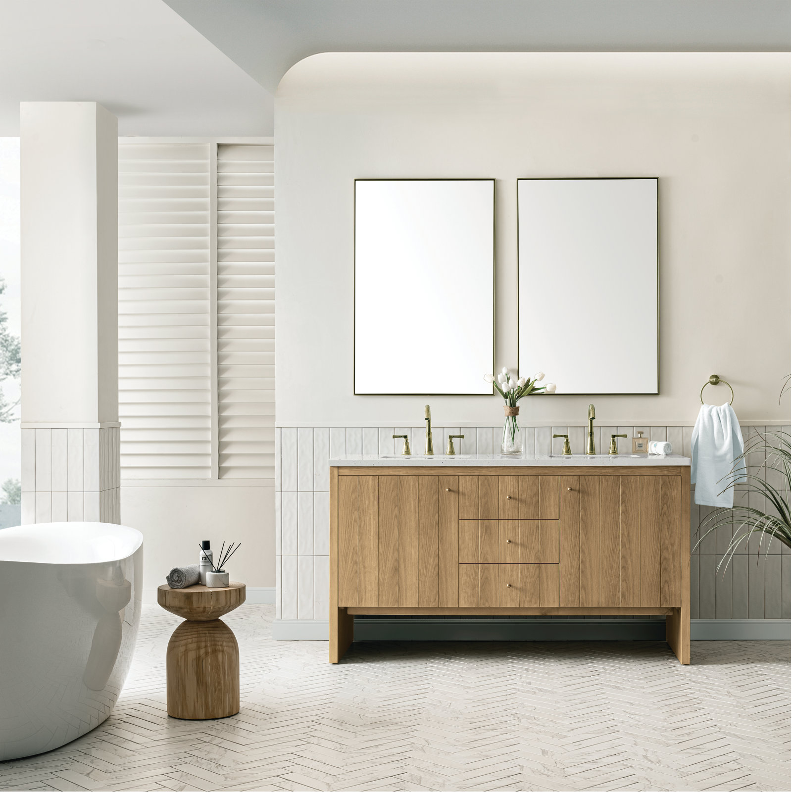 Hudson 60'' Double Bathroom Vanity, Lime Delight, 8" Widespread, Light Natural Oak