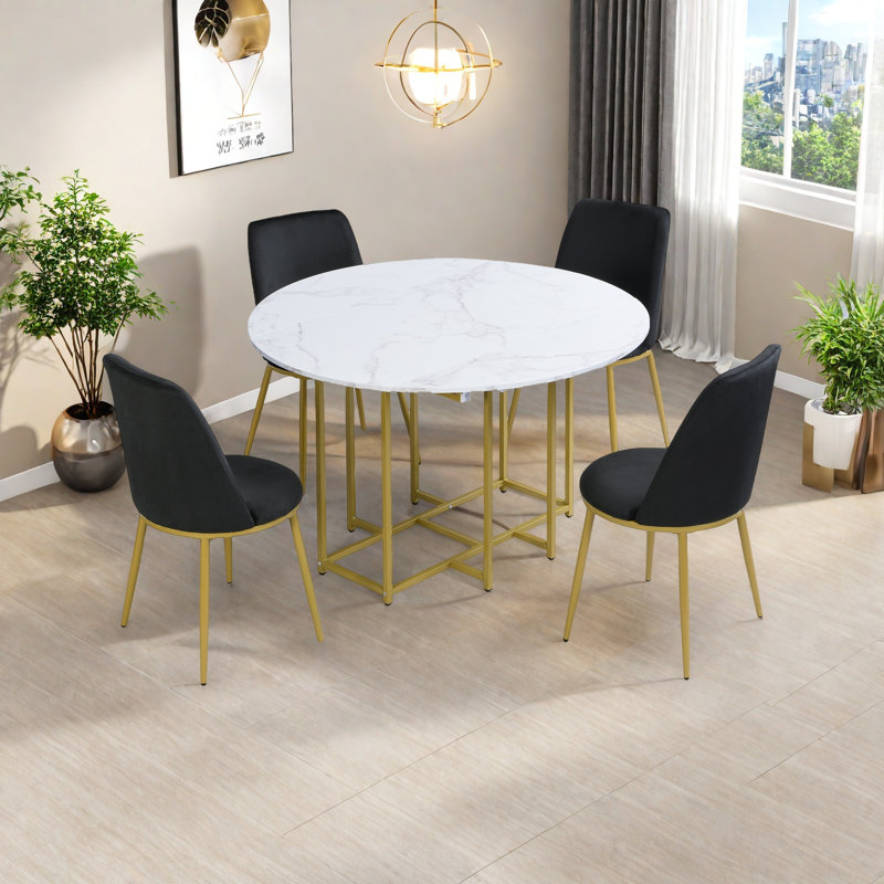 Ensemble de table de salle à manger extensible 5 pièces pour petits espaces - plateau rond en faux marbre, 4 chaises rembourrées, conception pliable compacte