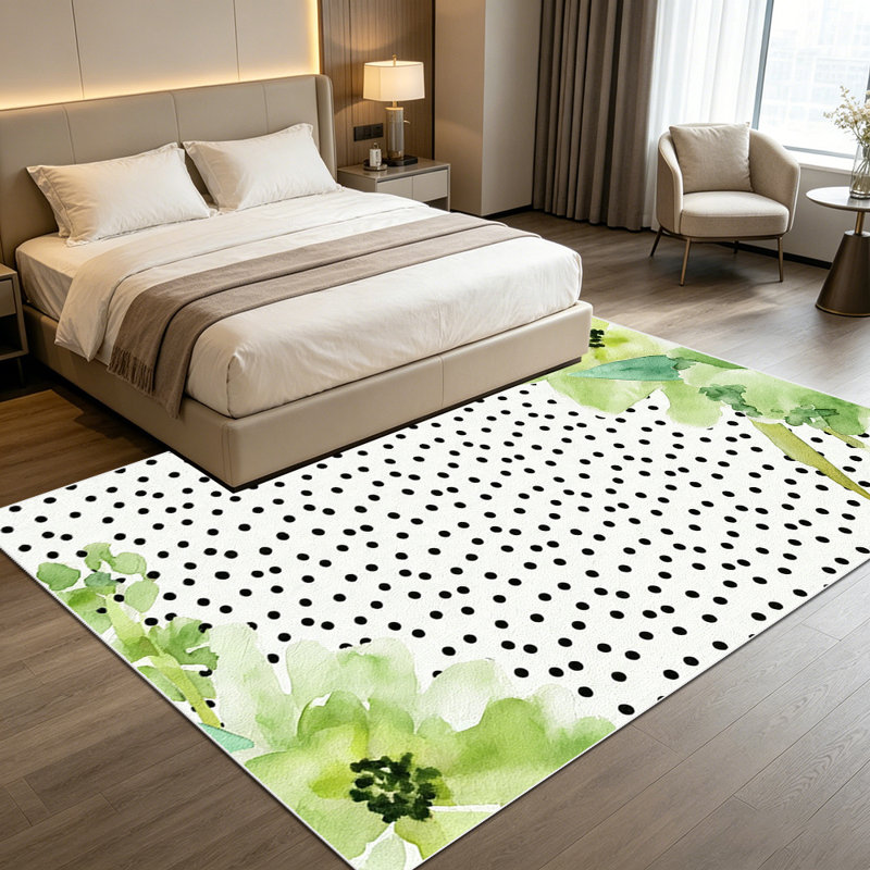 1PC Black Polka Dot Watercolor Green Floral area rugs for Living Room, Soft, All seasons, Easy-maintain, Washable Indoor mat, Farmhouse suitable for Dining Table, Kitchen, Bedroom, Entryway, Patio, Laundry Room Home Decor, Outdoor Decor.