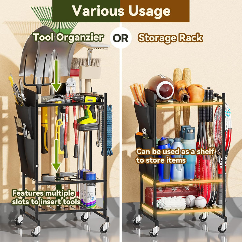 Garden Tool Organizer, Rolling Heavy-Duty Garage Tool Stand for Yard