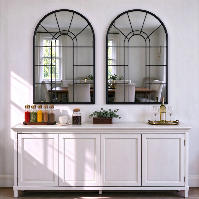 105 x 70 cm Arched Window Pane Mirror Metal Framed Wall Mirror Overmantel Mirror for Living Room Hallway Dining Room & Bedroom