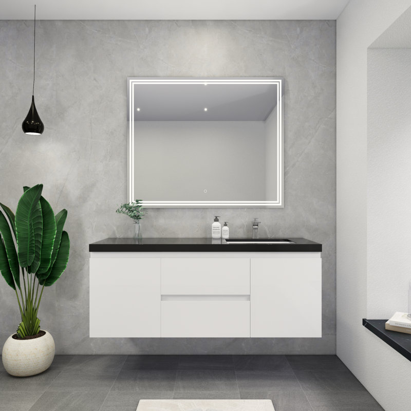 Castin 60" Wall-Mounted Single Right Sink Bathroom Vanity Set, Glossy White