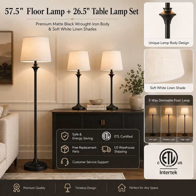 Lolley 57.5" Black Traditional Metal Floor Lamp and Table Lamp Set with Dimmable Lighting Floor Lamp