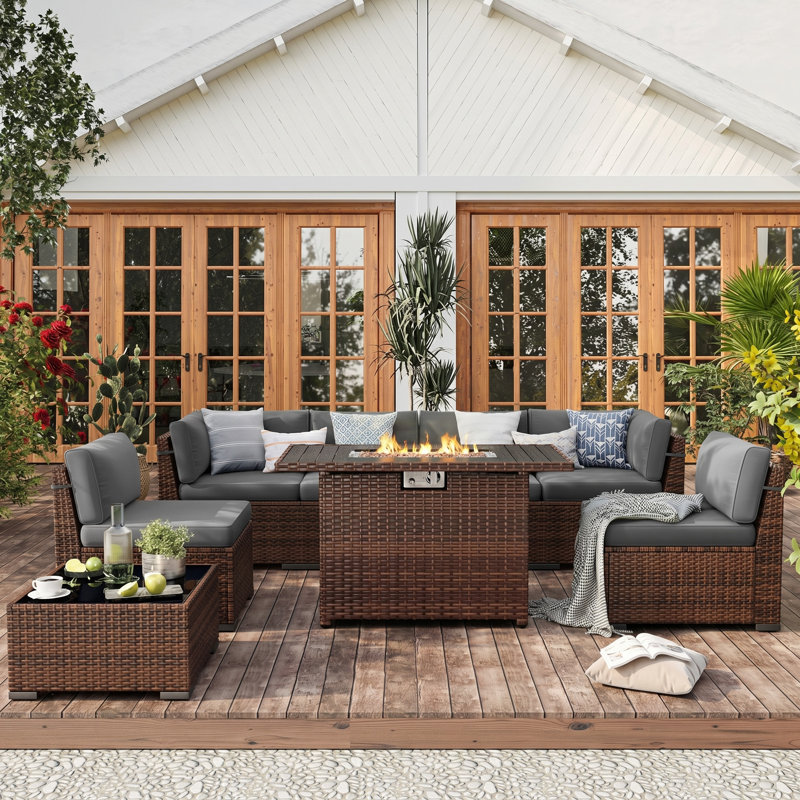 Ensemble de conversation modulaire en rotin pour 6 personnes avec coussins, Gris, Oui