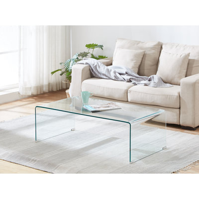 Table basse moderne en verre, table basse en cascade transparente, table de salon minimaliste avec bords arrondis, contemporaine