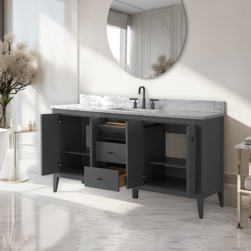 Ensemble de meuble-lavabo autoportant avec lavabo en marbre 60 po Lavallon, Gris cachemire linéaire, Noir mat
