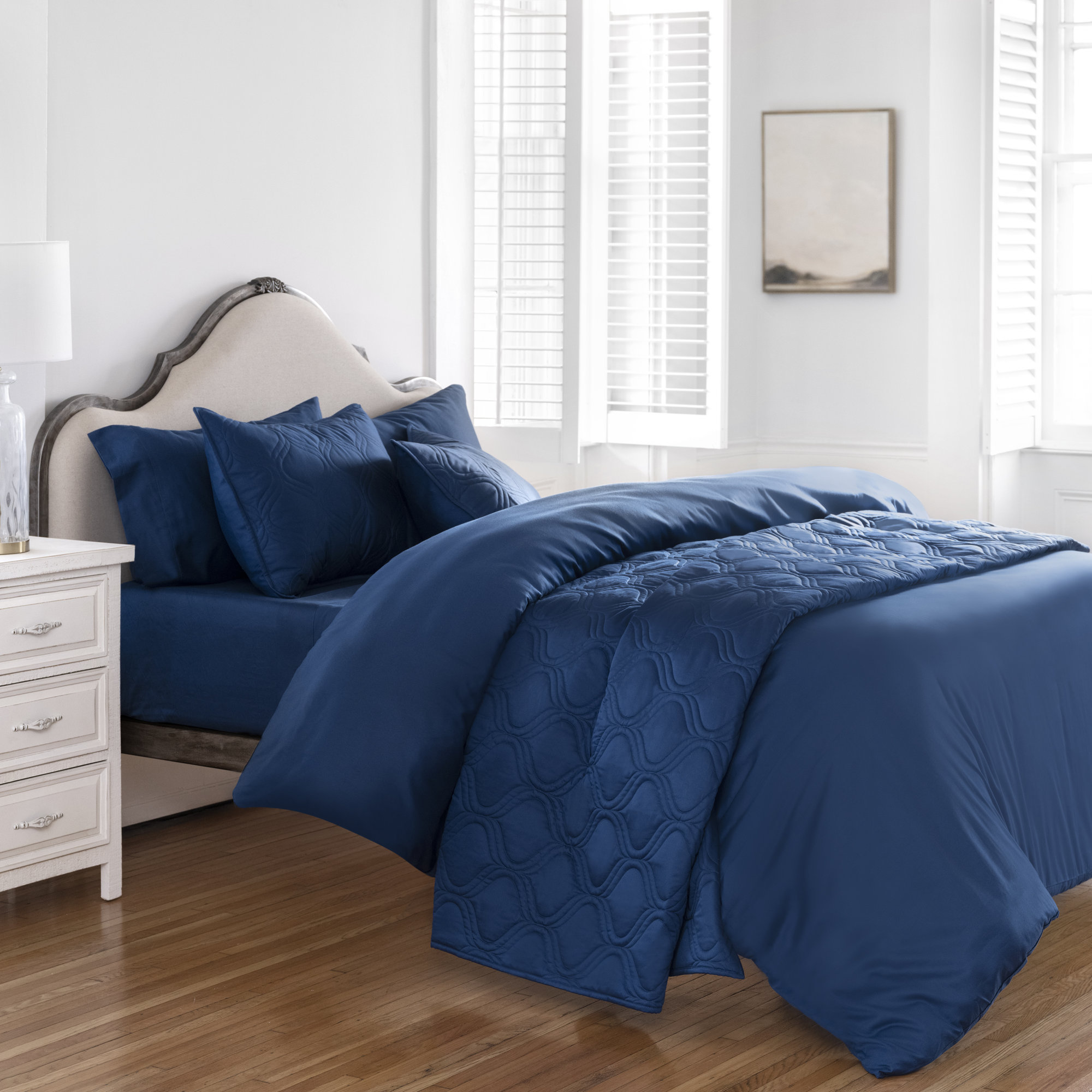 Portia Egyptian Cotton Sateen Sheet Set, True Navy, King Sheet Set + Fitted Sheet + 2 Pillowcases