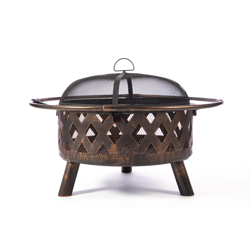 Round Wood-Burning Bronze Finish Steel Fire Pit with Lid