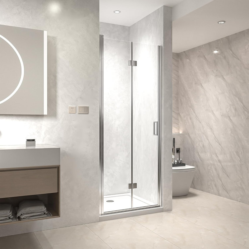 32" W X 72" H Frameless Bi-fold Swing Shower Door, Pivot Shower Doors, 1/4" (6mm) Clear Tempered Glass, Chrome Finish Hardware, Reversible Installation