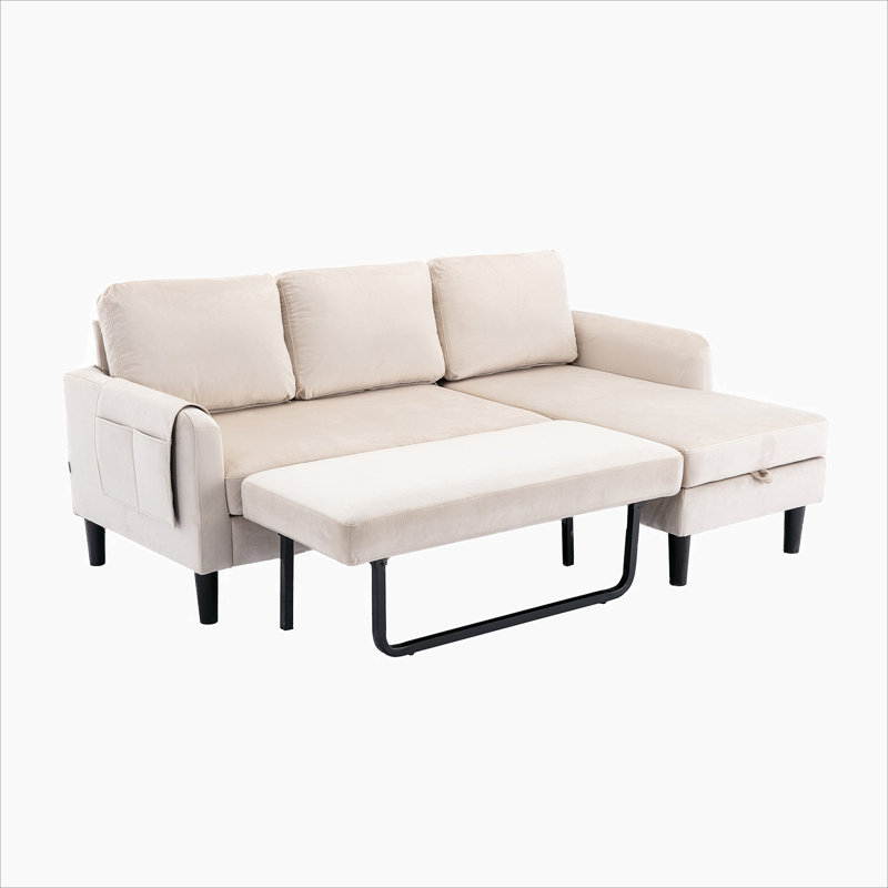 Canapé-lit modulaire réversible avec méridienne et rangement Ermon, Polyester beige