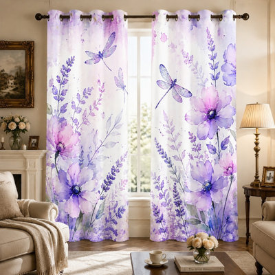 2Pcs Watercolor Floral Dragonfly Print Curtains, Artistic Botanical Butterfly Pattern, Delicate Lavender and Peony Design, Grommet Top for Living Room Bedroom Decor for Home Dector