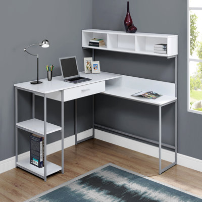 Computer Desk, Home Office, Corner, Storage Drawers, L Shape, Work, Laptop, White Laminate, Grey Metal, Contemporary, Modern