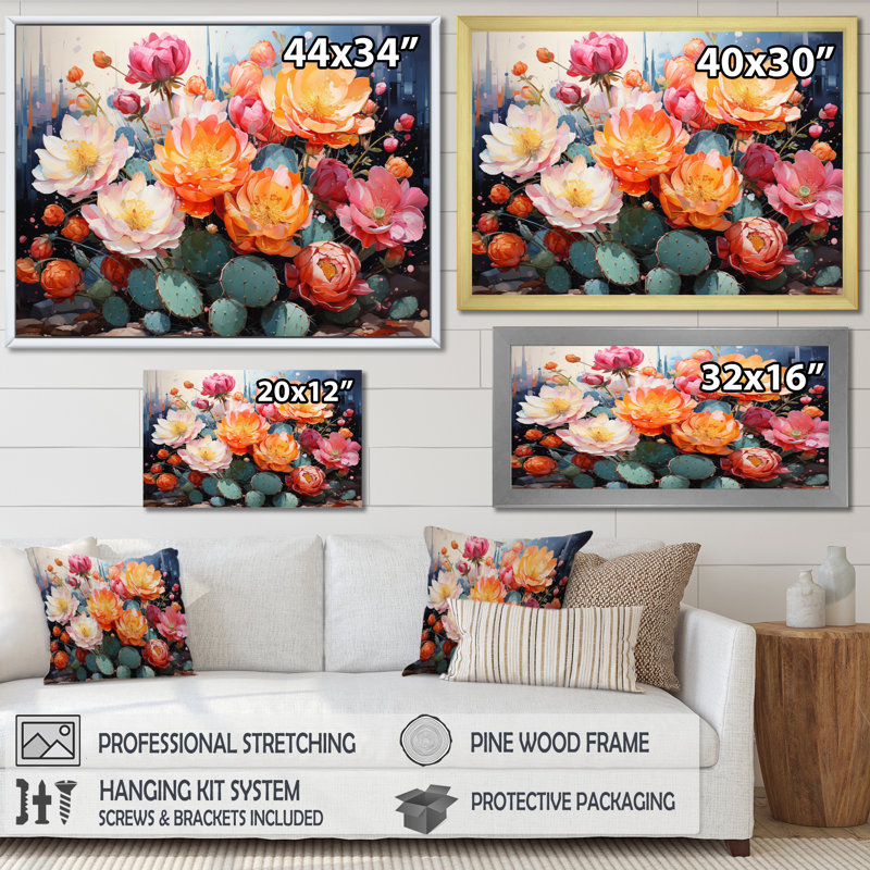 Acrylique multicolore I Peach - Représentation de cactus vert pêche, H 24 po x l 32 po x P 1 po, Cadre flottant noir