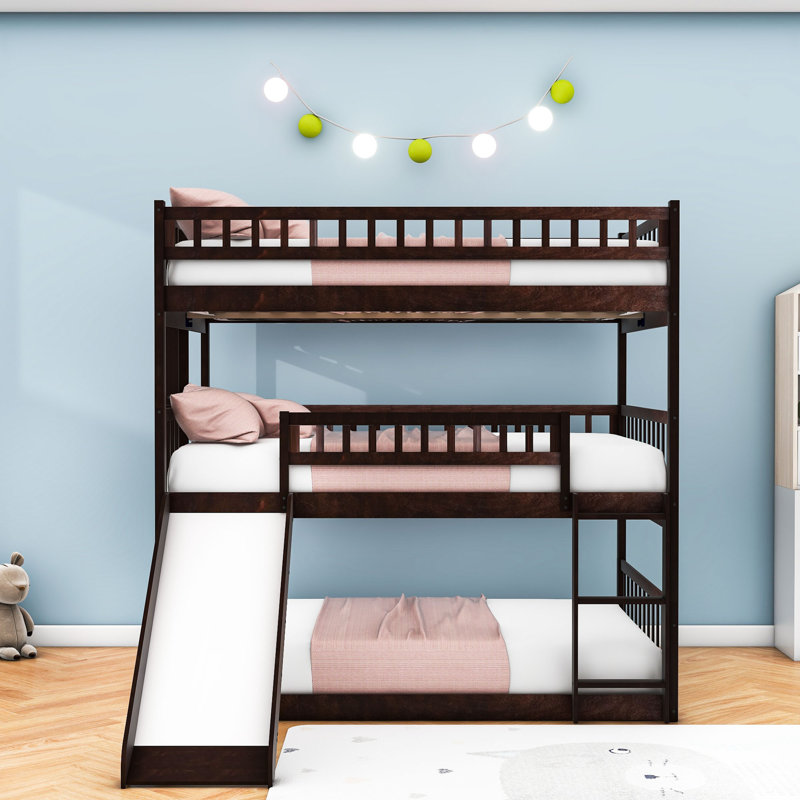 Etleva Full Over Full Over Full Triple / Quad Bunk Bed with Slide, Espresso