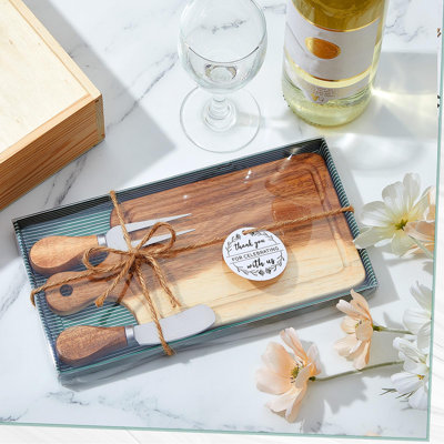 5 Sets Bridal Baby Shower Cheese Prizes Wooden Square Board Gift Set Knives Forks Thank You Tags With Box For Guests For Valentines Bridal Baby Shower Housewarming (Acacia Color)