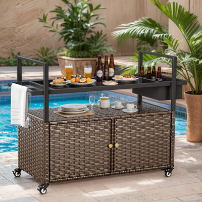 Versatile Outdoor Wicker Mobile Food Cart with Tempered Glass Top and Storage Cabinet