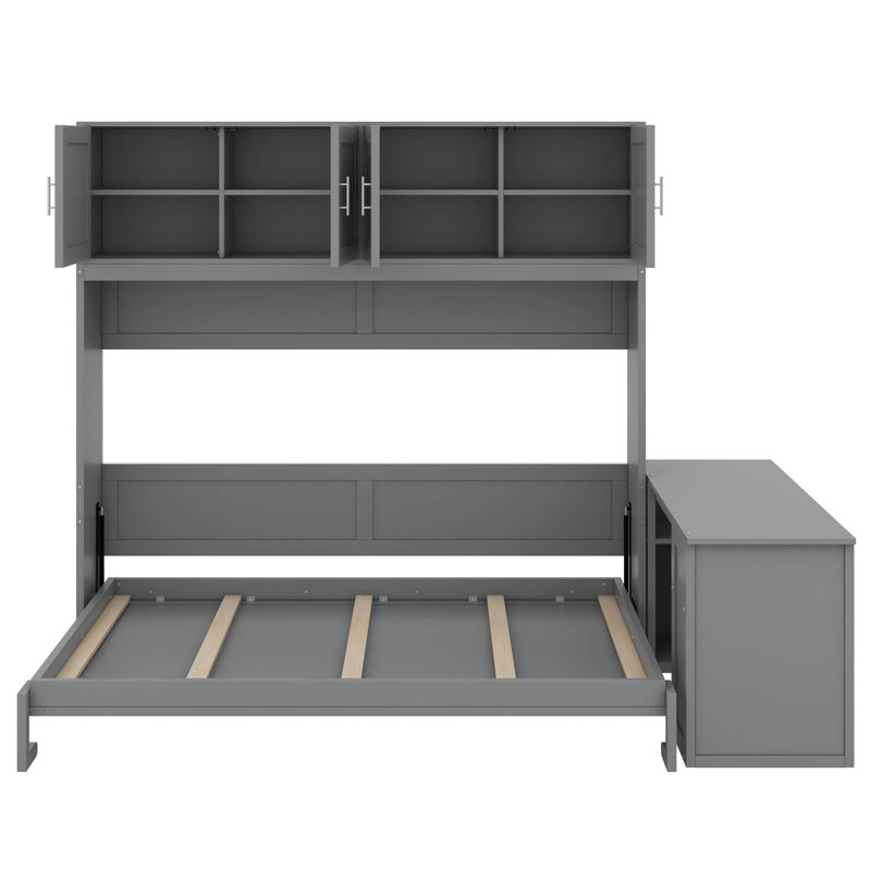 Grand lit escamotable avec bureau, tablettes et armoires de rangement, Gris