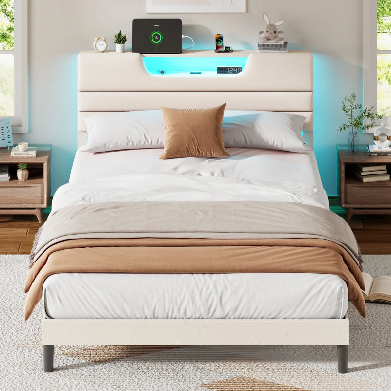 Bed Frame With Charging Station, Led Lights, Upholstered Headboard, Beige, King