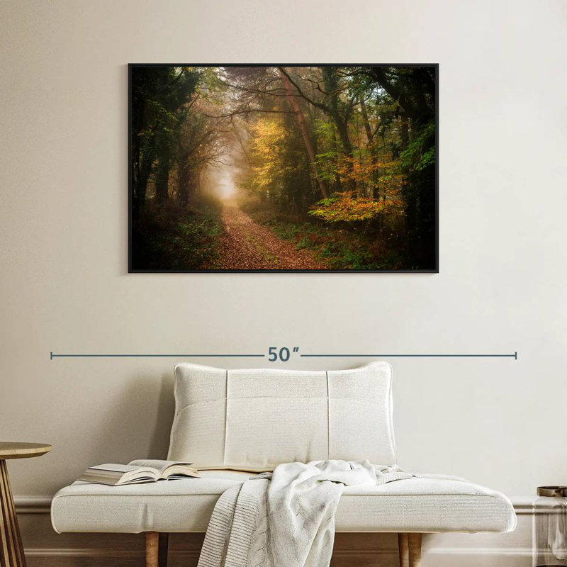 Chemin dans la forêt d'automne, Cadre flottant noir, 40 po x 27 po