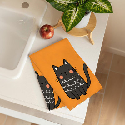  Linges de cuisine en microfibre, linges à vaisselle réutilisables absorbants, décoratifs résistants à la décoloration, 16 po x 24 po, chat ondulé noir